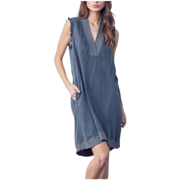 Maven West Tencel Sleeveless Tunic Dress Large Blue Raw Hem Made in USA - Picture 1 of 10